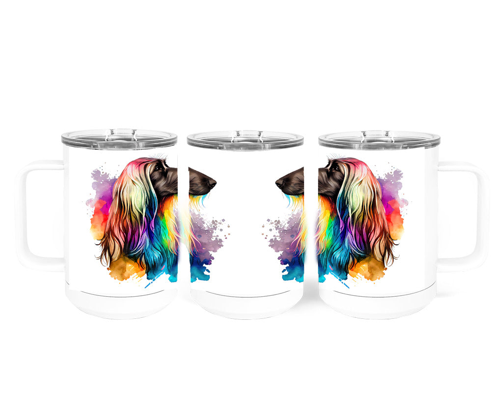Afghan Hound Watercolor Art Double-Wall Vacuum Insulated Stainless Steel Tumbler, Rainbow Colors, 15 oz Travel Coffee Mug, Traci's Fun Creations