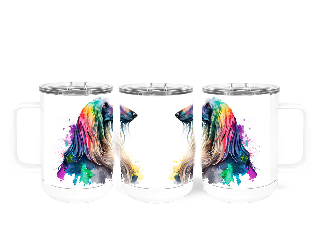 Afghan Hound Watercolor Art Double-Wall Vacuum Insulated Stainless Steel Tumbler, Rainbow Colors, 15 oz Travel Coffee Mug, Traci's Fun Creations