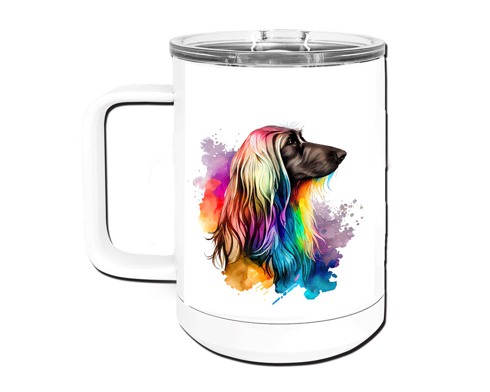 Afghan Hound Watercolor Art Double-Wall Vacuum Insulated Stainless Steel Tumbler, Rainbow Colors, 15 oz Travel Coffee Mug, Traci's Fun Creations