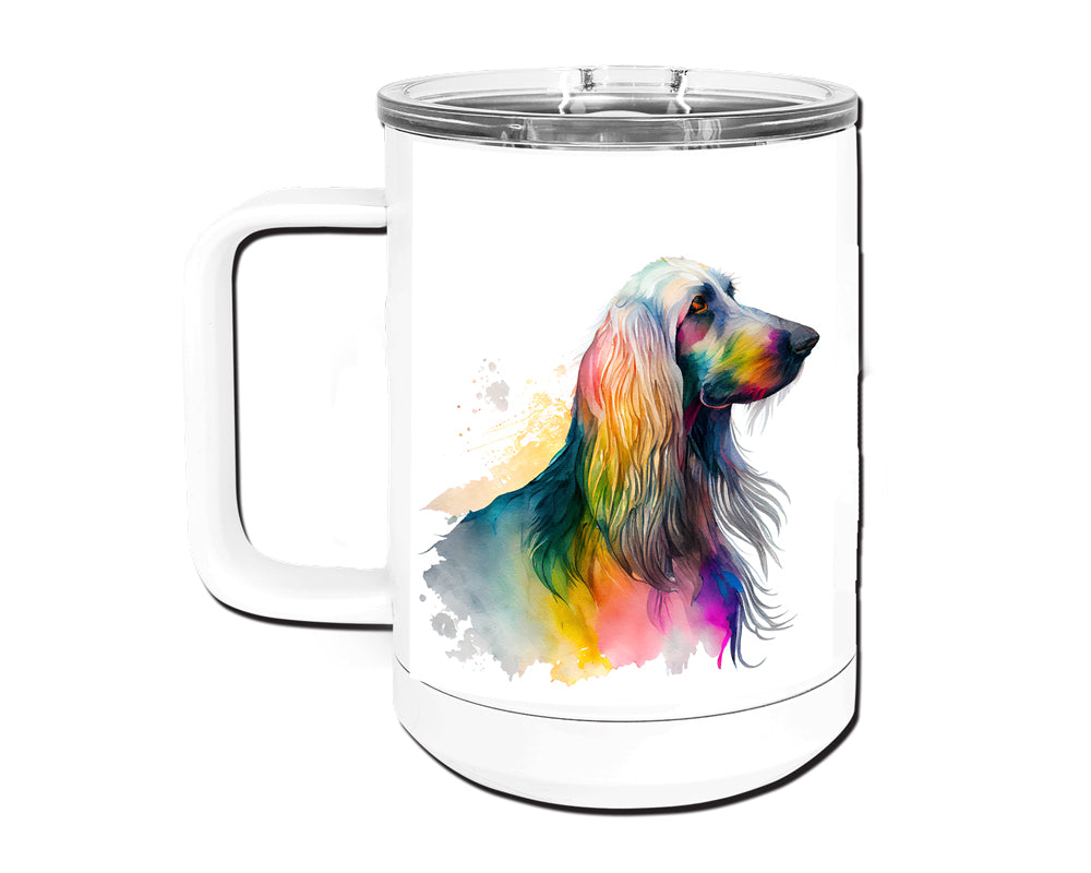 Afghan Hound Watercolor Art Double-Wall Vacuum Insulated Stainless Steel Tumbler, Rainbow Colors, 15 oz Travel Coffee Mug, Traci's Fun Creations