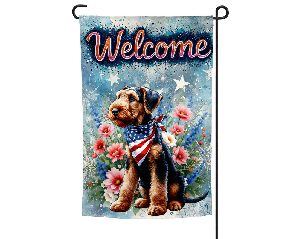 Airedale Patriotic Welcome Garden Flag, Double-Sided, 12 x 18 inches, American Flag Design