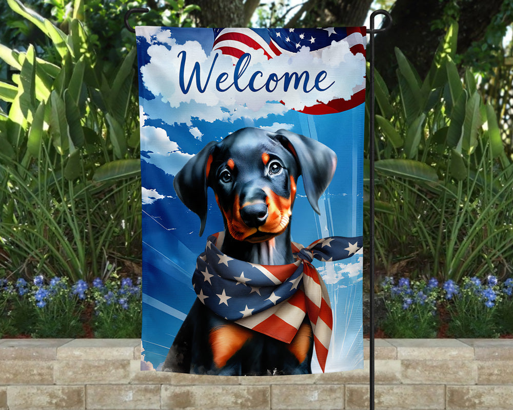 Doberman Patriotic Welcome Garden Flag
