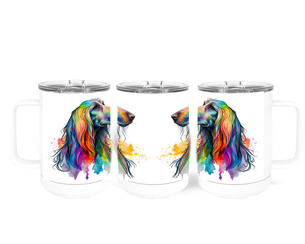 Afghan Hound Watercolor Art Double-Wall Vacuum Insulated Stainless Steel Tumbler, Rainbow Colors, 15 oz Travel Coffee Mug, Traci's Fun Creations