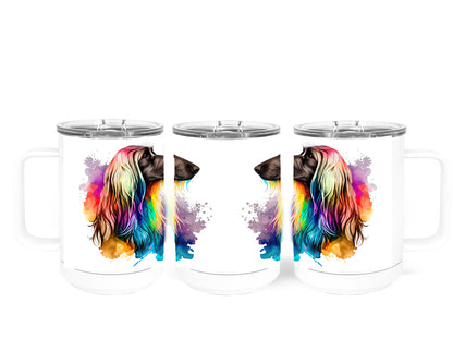 Afghan Hound Watercolor Art Double-Wall Vacuum Insulated Stainless Steel Tumbler, Rainbow Colors, 15 oz Travel Coffee Mug, Traci's Fun Creations