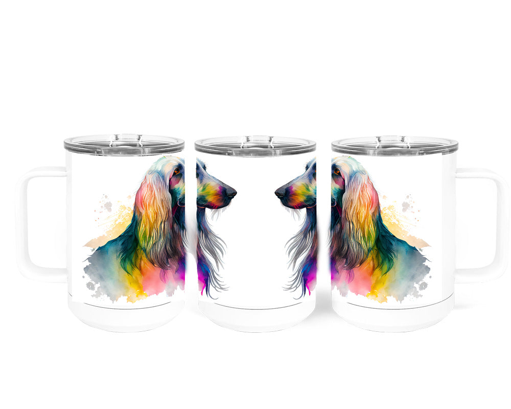 Afghan Hound Watercolor Art Double-Wall Vacuum Insulated Stainless Steel Tumbler, Rainbow Colors, 15 oz Travel Coffee Mug, Traci's Fun Creations