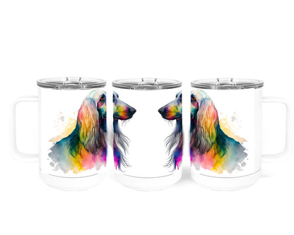 Afghan Hound Watercolor Art Double-Wall Vacuum Insulated Stainless Steel Tumbler, Rainbow Colors, 15 oz Travel Coffee Mug, Traci's Fun Creations