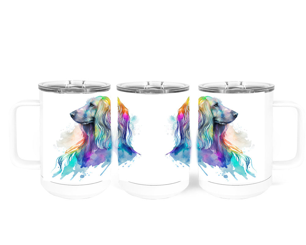 Afghan Hound Watercolor Art Double-Wall Vacuum Insulated Stainless Steel Tumbler, Rainbow Colors, 15 oz Travel Coffee Mug, Traci's Fun Creations