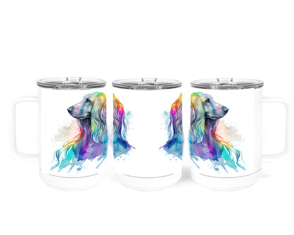Afghan Hound Watercolor Art Double-Wall Vacuum Insulated Stainless Steel Tumbler, Rainbow Colors, 15 oz Travel Coffee Mug, Traci's Fun Creations