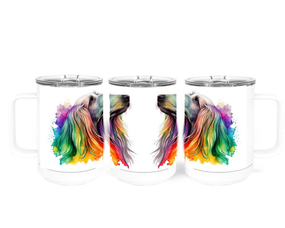 Afghan Hound Watercolor Art Double-Wall Vacuum Insulated Stainless Steel Tumbler, Rainbow Colors, 15 oz Travel Coffee Mug, Traci's Fun Creations