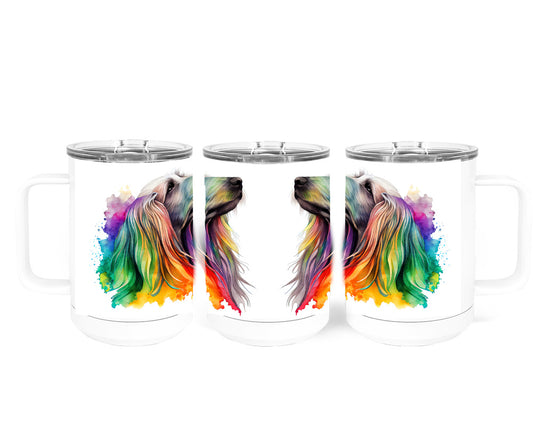 Afghan Hound Watercolor Art Double-Wall Vacuum Insulated Stainless Steel Tumbler, Rainbow Colors, 15 oz Travel Coffee Mug, Traci's Fun Creations