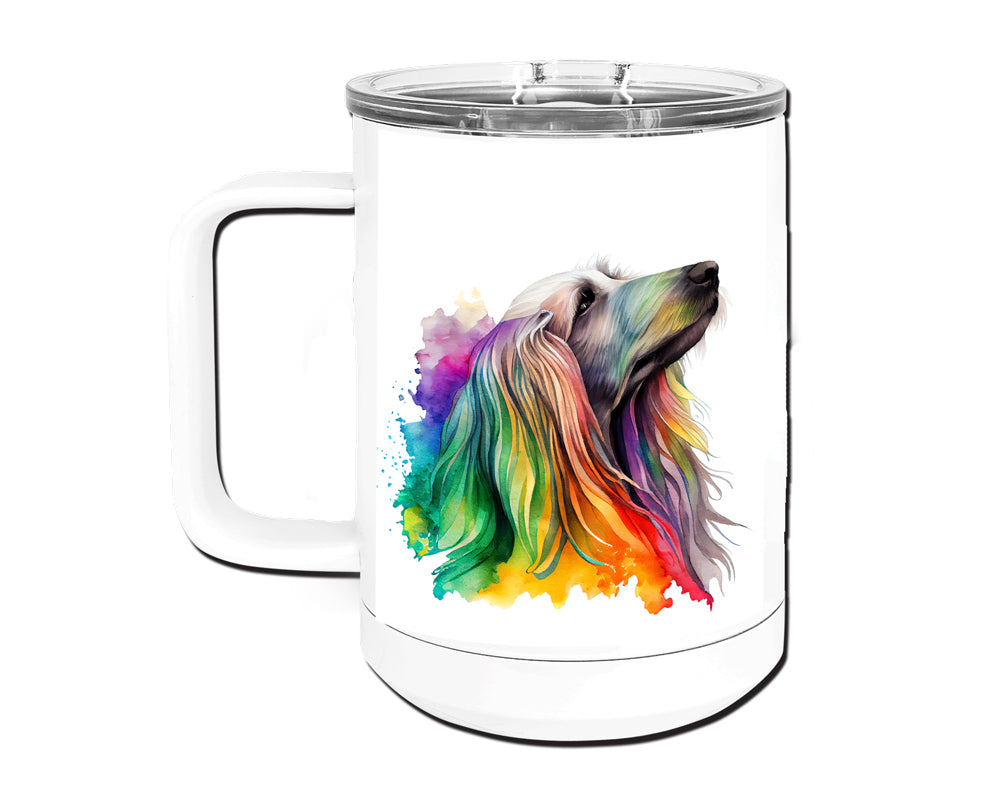 Afghan Hound Watercolor Art Double-Wall Vacuum Insulated Stainless Steel Tumbler, Rainbow Colors, 15 oz Travel Coffee Mug, Traci's Fun Creations