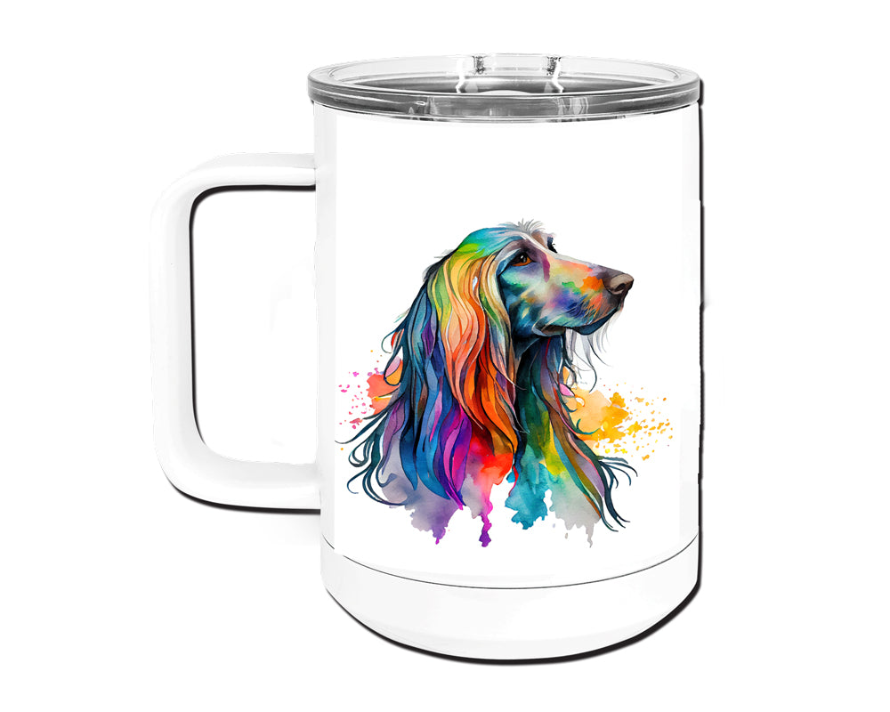 Afghan Hound Watercolor Art Double-Wall Vacuum Insulated Stainless Steel Tumbler, Rainbow Colors, 15 oz Travel Coffee Mug, Traci's Fun Creations