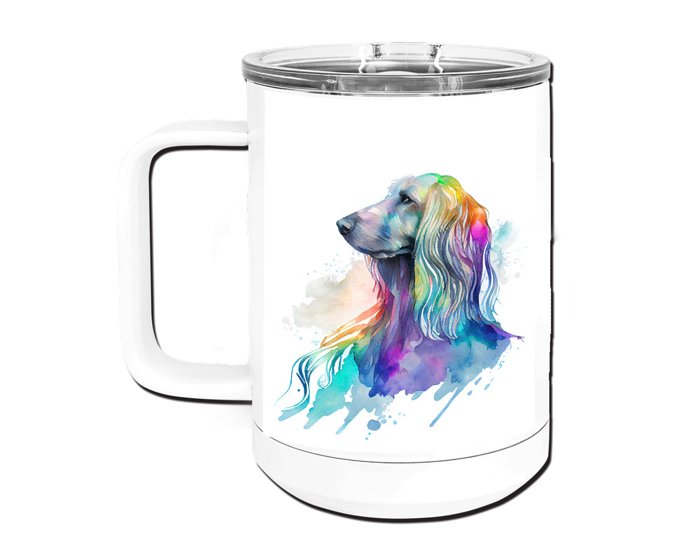 Afghan Hound Watercolor Art Double-Wall Vacuum Insulated Stainless Steel Tumbler, Rainbow Colors, 15 oz Travel Coffee Mug, Traci's Fun Creations