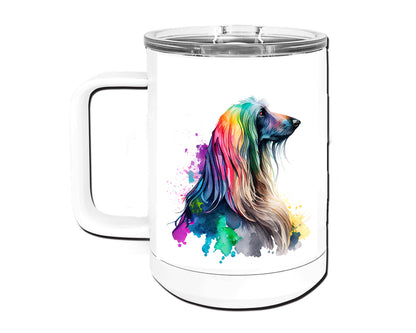 Afghan Hound Watercolor Art Double-Wall Vacuum Insulated Stainless Steel Tumbler, Rainbow Colors, 15 oz Travel Coffee Mug, Traci's Fun Creations
