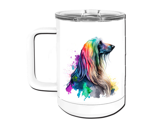 Afghan Hound Watercolor Art Double-Wall Vacuum Insulated Stainless Steel Tumbler, Rainbow Colors, 15 oz Travel Coffee Mug, Traci's Fun Creations