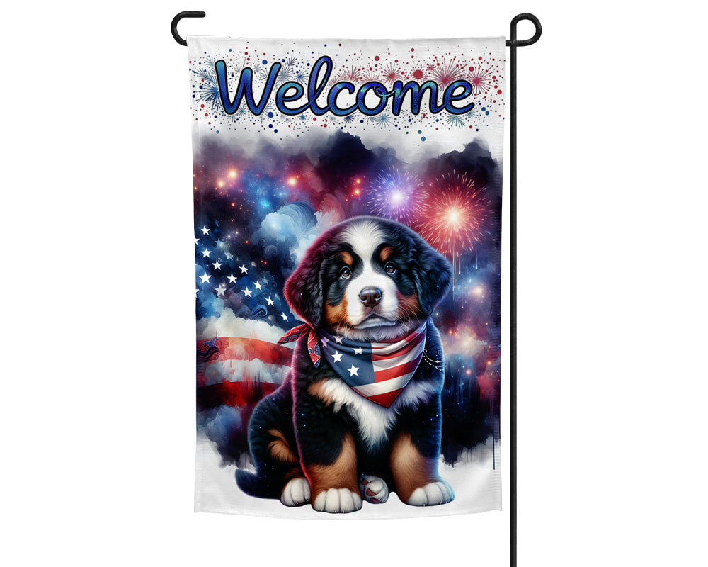 Bernese Mountain Dog Patriotic Welcome Garden Flag
