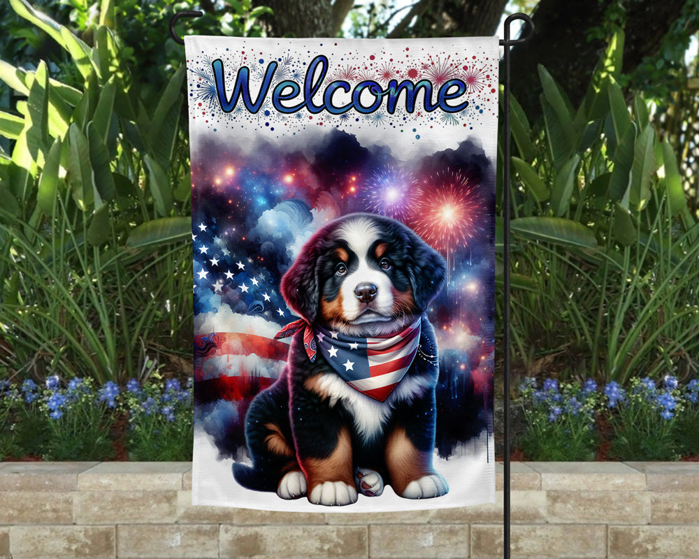 Bernese Mountain Dog Patriotic Welcome Garden Flag