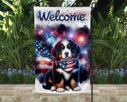 Bernese Mountain Dog Patriotic Welcome Garden Flag
