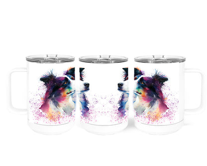 Border Collie 15 oz Stainless Steel, Double-Wall Vacuum Insulated Travel Coffee Mug